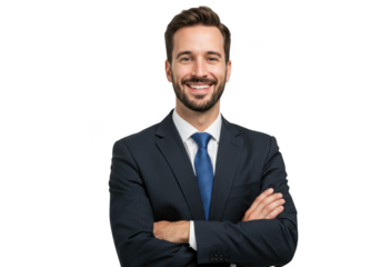 Smiling businessman in dark suit and blue tie with arms crossed isolated on white background