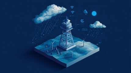 Minimalist isometric illustration of a weather radar station surrounded by rain, clouds, and wind icons — clean, infographic style