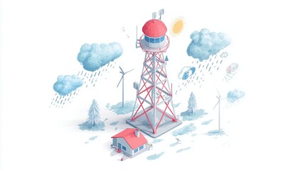 Minimalist isometric illustration of a weather radar station surrounded by rain, clouds, and wind icons — clean, infographic style