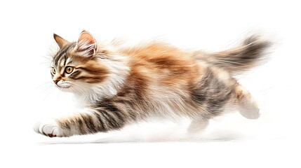 Obraz premium Beautiful long haired kitten running across a white background in a vibrant photo illustration.