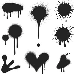 Set of 9 black dripping spray paint splatter icons, graffiti style ink blots, grunge heart shapes, urban art elements