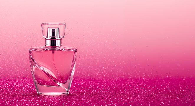 Pink Perfume Bottle with Sparkling Glitter on Bright Pink Background