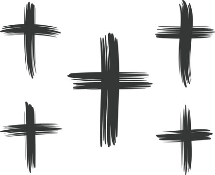 Set of black grunge brush stroke crosses isolated on white background, abstract handmade paint symbols for graphic design elements