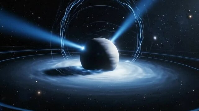 A rapidly rotating neutron star, or pulsar, emits powerful beams of radiation from its magnetic poles as it is surrounded by an accretion disk and a strong magnetic field.

