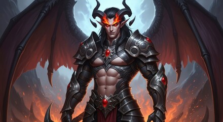 Fototapeta premium Illustration of a muscular demon with horns and wings wearing armor in a fiery background