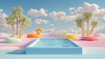 Fototapeta premium Whimsical poolside oasis with inflatable toys, palm trees, & dreamy sky backdrop