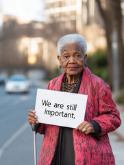 Elderly woman holds sign advocating for recognition on urban street