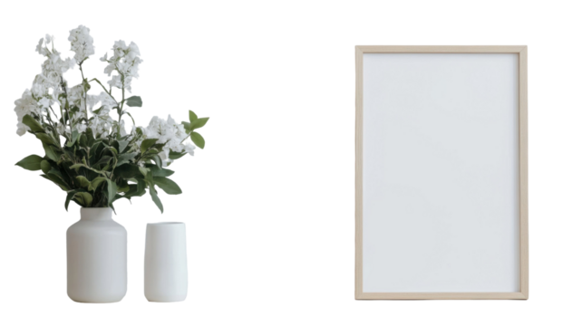 White flower bouquet in ceramic vases beside white blank wooden frame isolated on white background