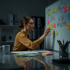 Fototapeta premium Focused Entrepreneur Outlines Business Plan in Studio. High Detail, 8K.