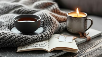Cozy autumn morning scene featuring a warm tea, lighted candle, soft blanket, and open notebook on rustic wooden surface inviting relaxation.