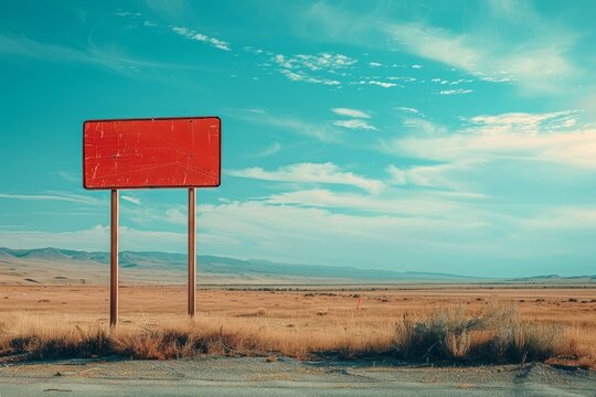 Empty red road sign in a dry deserted landscape with mountains in the background and a bright blue sky
