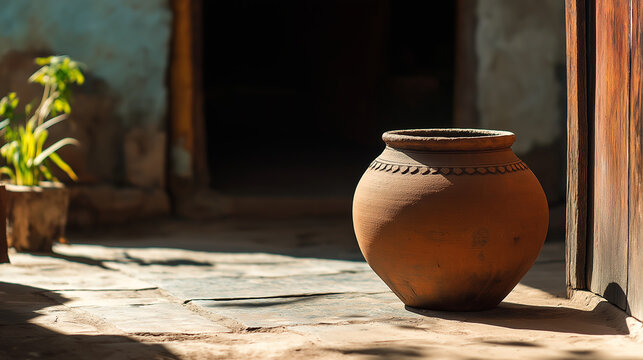 Rustic clay water pot matka positioned by the entrance of a traditional home in bright sunlight during the day
