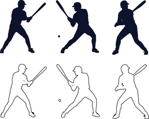 Baseball athlete swinging bat icon set in black silhouette and outline icons, perfect for sport-themed vector art.
