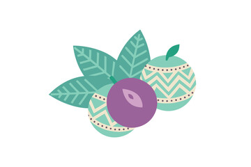Plum And Mint Leaves With Tribal Boho Patterns In Seamless Style