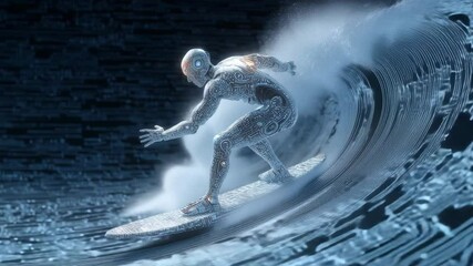 A robotic surfer skillfully navigates a digital wave in a futuristic ocean environment illuminated by artificial light in a nighttime setting - Powered by Adobe