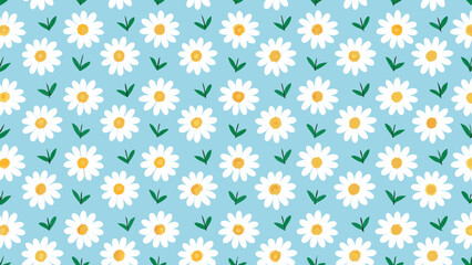 Floral pattern featuring white daisies with yellow centers and green leaves on a blue background