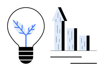 Light bulb with plant symbolizing growth and eco-innovation next to rising bar chart representing progress. Ideal for sustainability, innovation, business growth, analytics, eco-friendly solutions