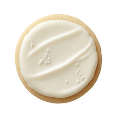 Delicious round cookie with white icing and sprinkles on transparent background