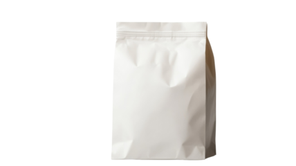 A plain white paper lunch bag with folded top for food packaging and takeaway use isolated on white background