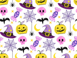 Happy Halloween seamless vector patterns set with pumpkins haunted house ghosts candy bats and magic elements perfect for kids fabric stickers cards and party decoration