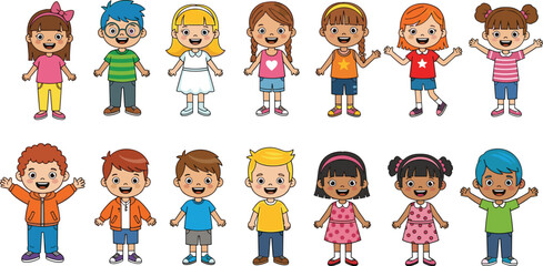 Diverse Group of Happy Smiling Children and Kids Standing Together, Representing Childhood, Friendship, and Education in a Cheerful Collection, isolated white background.