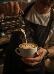 The passion of a professional barista meticulously pours, crafting a visually stunning and creamy latte with intricate foam design.
