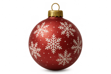 Red christmas ornament adorned with white snowflake patterns on a transparent background, perfect for holiday decoration themes