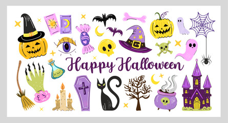 Happy Halloween collection cute spooky with pumpkins ghosts candy bats witch hat haunted house and fun elements perfect for prints stickers cards and kids decor. Vector illustration