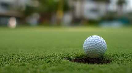 Golf ball sits in a hole on a green fairway