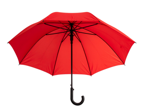 Classic Red Umbrella Fully Opened with Curved Handle, Front View, Isolated on Transparent Background