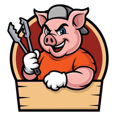 Happy cartoon pig chef holding barbecue tongs with a blank sign
