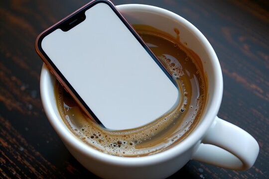 Phone in Coffee: A phone is submerged in a cup of fresh coffee, a modern tech device is meeting a morning beverage ritual, a juxtaposition of modern tech with coffee