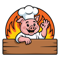 Happy cartoon pig chef wearing a chef hat giving an ok sign