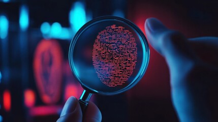 Magnifying glass reveals a digital fingerprint composed of red code against a blurred background of data.