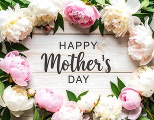 Elegant Mother’s Day Greeting with Pink and White Peonies on Light Wooden Background