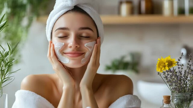 A woman enjoys a skincare routine, applying cream to their face while surrounded by natural light, plants, and various facial products