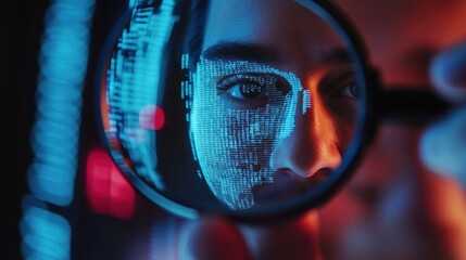 Person examining digital face data through magnifying glass.