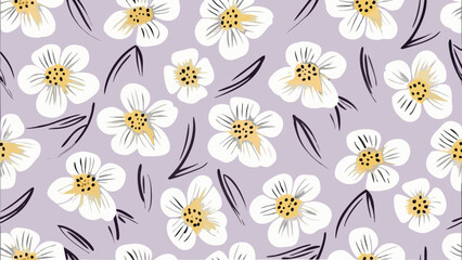 Obraz premium Seamless pattern of white flowers with yellow centers and dark leaves on a light purple background