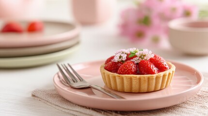 Delicious strawberry tartlet decorated with edible flowers on pink plate