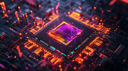 Obraz premium Cinematic AI Chip Close-Up: Black Ceramic Substrate with Gold Pins, Neon Cyan Energy Pulses, and Holographic Performance Metrics