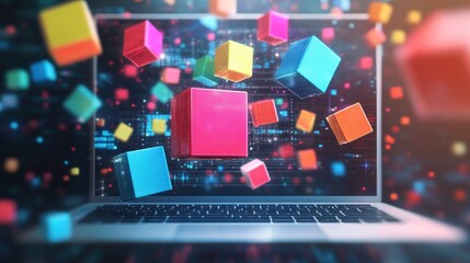 Colorful cubes emerging from laptop screen, representing digital data or innovation.