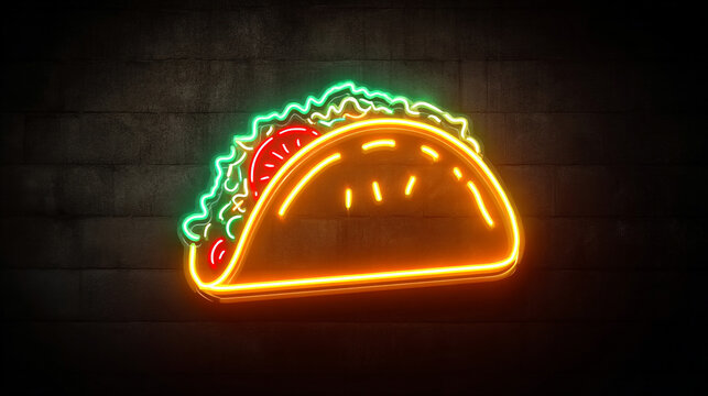 A neon sign depicting a taco with green lettuce and red tomato against a dark brick wall background