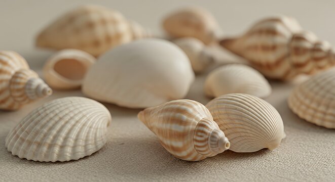 Assorted Seashells on Neutral Fabric Surface in Soft Natural Light