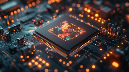 Cinematic AI Chip Close-Up: Black Ceramic Substrate with Gold Pins, Neon Cyan Energy Pulses, and Holographic Performance Metrics