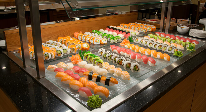A luxurious sushi buffet bar displayed behind a sleek glass counter. Rows of elegant trays arranged with assorted sushi.