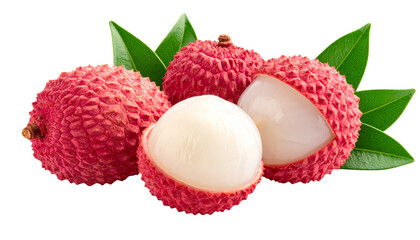 Fresh Lychee Trio – Two Whole & One Peeled with Leaves – White Background