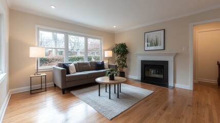 Fototapeta premium Cozy living room with warm lighting and natural elements