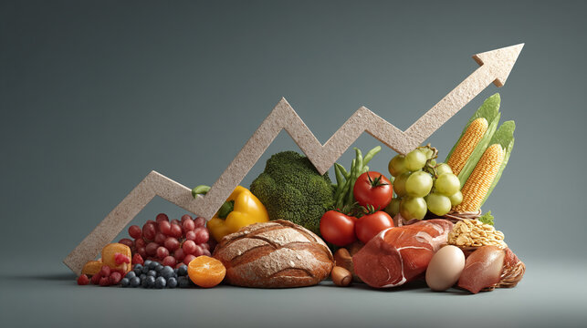 Food price increase concept with arrow pointing up and fresh produce on a gray background