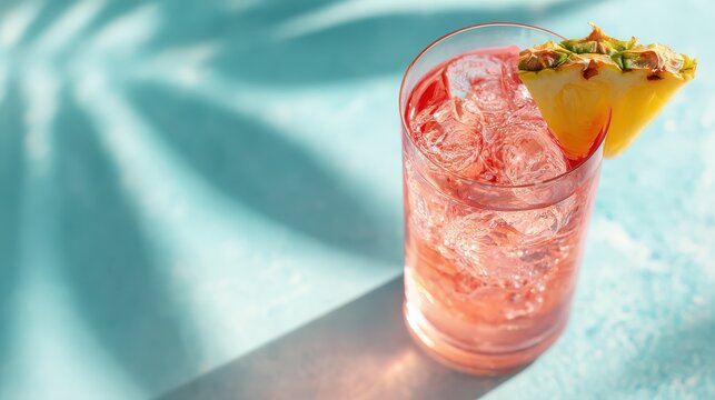 Refreshing pink cocktail with ice and pineapple slice under palm tree shade