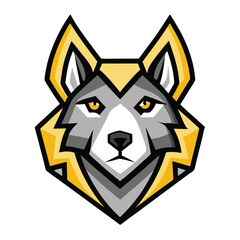 Fototapeta premium Gray wolf head with yellow accents features a bold and fierce geometric animal